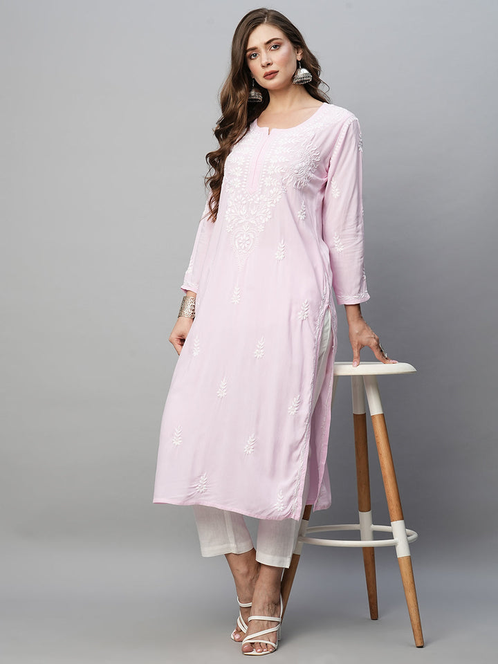 Baby Pink Rayon Chikankari Motif Straight Kurta