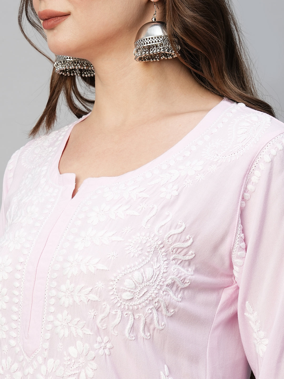 Baby Pink Rayon Chikankari Motif Straight Kurta