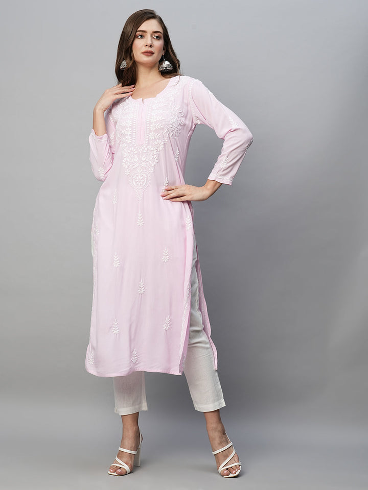 Baby Pink Rayon Chikankari Motif Straight Kurta