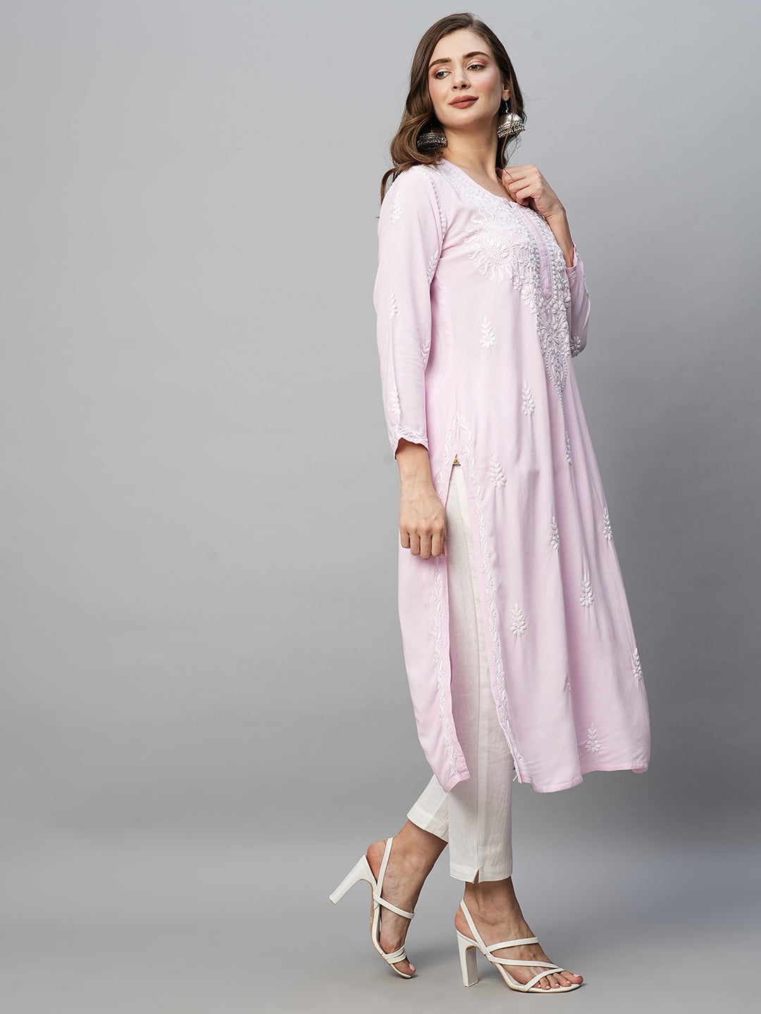 Baby Pink Rayon Chikankari Motif Straight Kurta