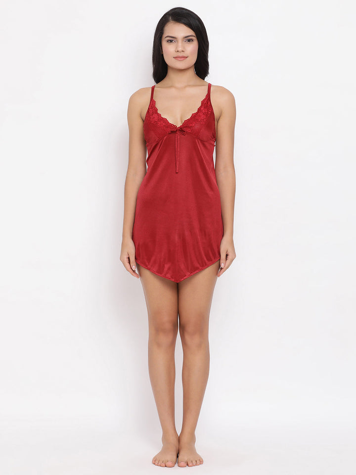 Babydoll With Lace In Red - Satin