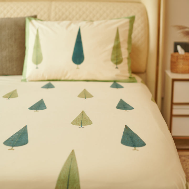 Beige & Green Warm Leaf Hand Block Printed Bedsheet Set (Double)