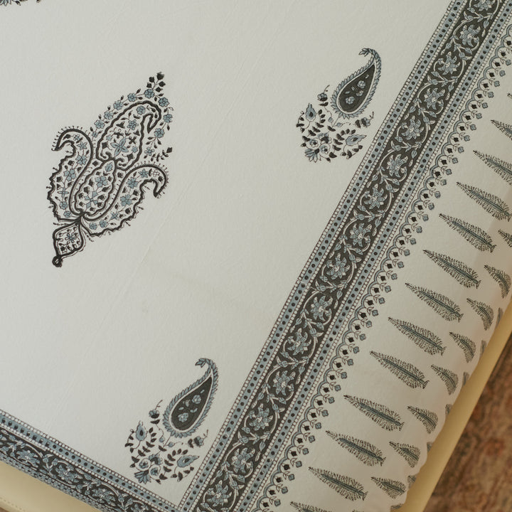 White & Black Mughal Paisley Hand Block Printed Bedsheet Set (Double)