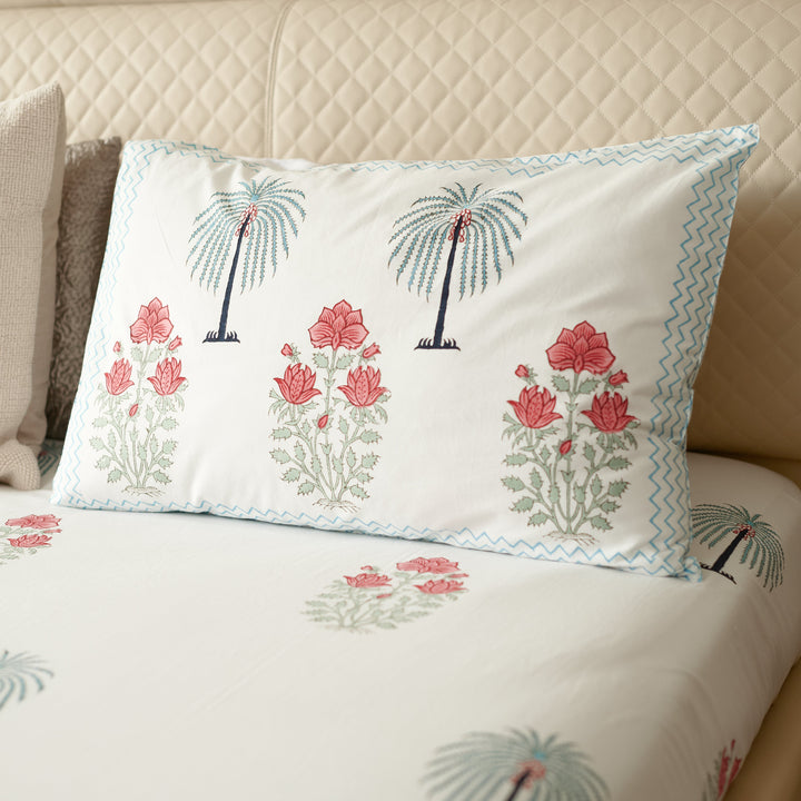 White & Grey Palm Floral Hand Block Printed Bedsheet Set (Double)