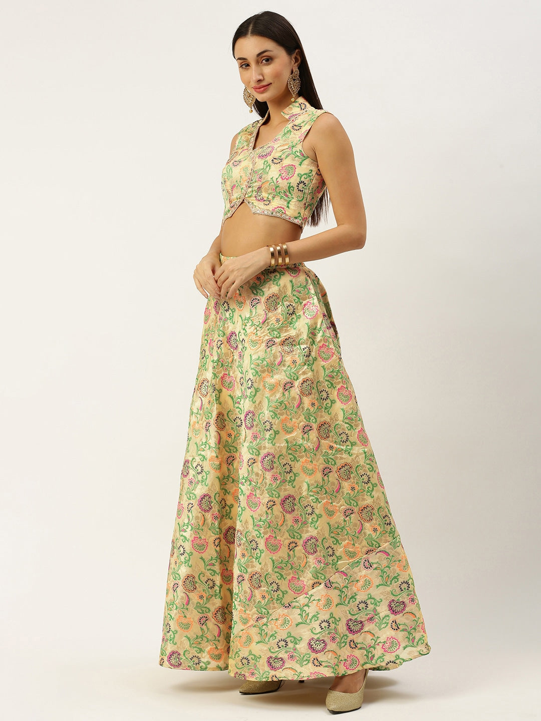 Beige Art Silk Jacquard Top & Skirt Co-Ords Set