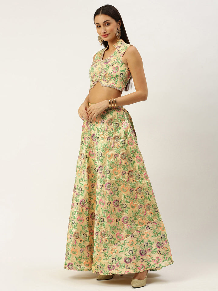 Beige Art Silk Jacquard Top & Skirt Co-Ords Set