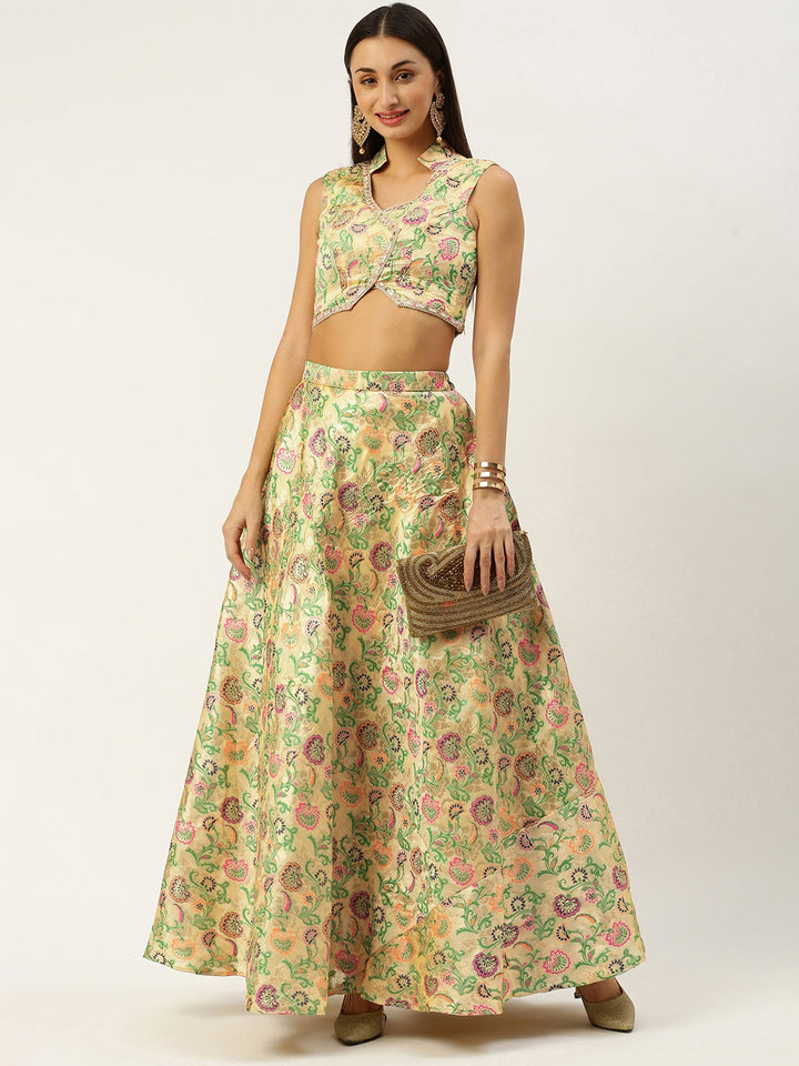 Beige Art Silk Jacquard Top & Skirt Co-Ords Set