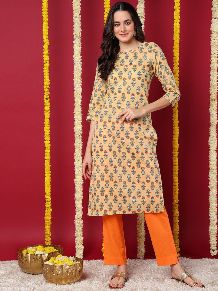 Beige Cotton Ethnic Motifs Printed Straight Kurta