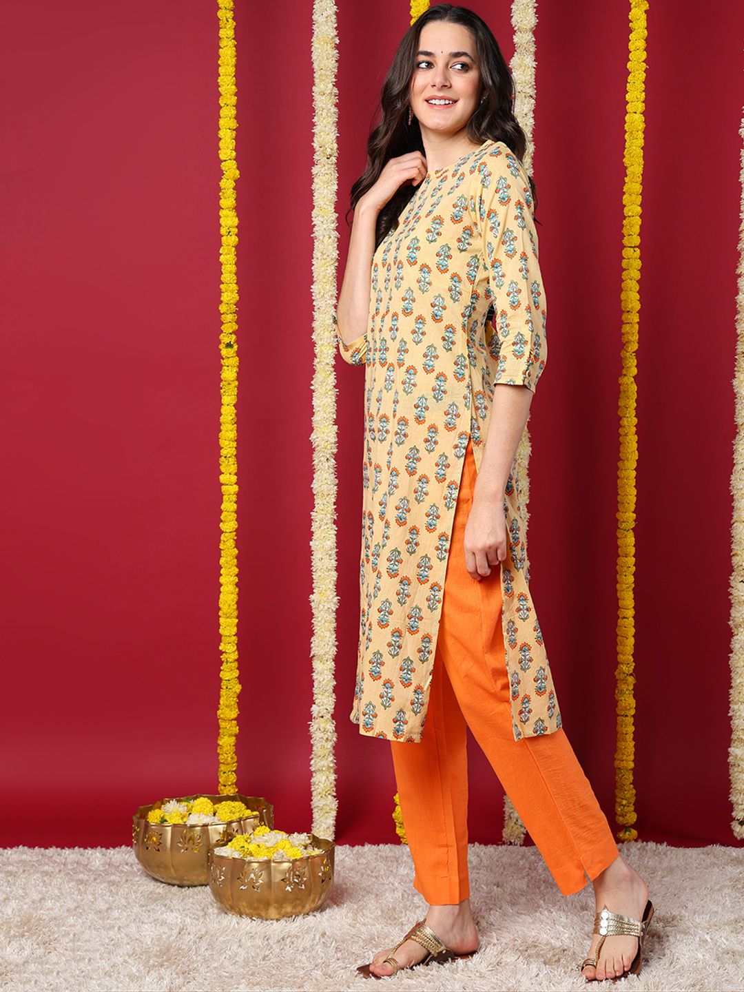 Beige Cotton Ethnic Motifs Printed Straight Kurta