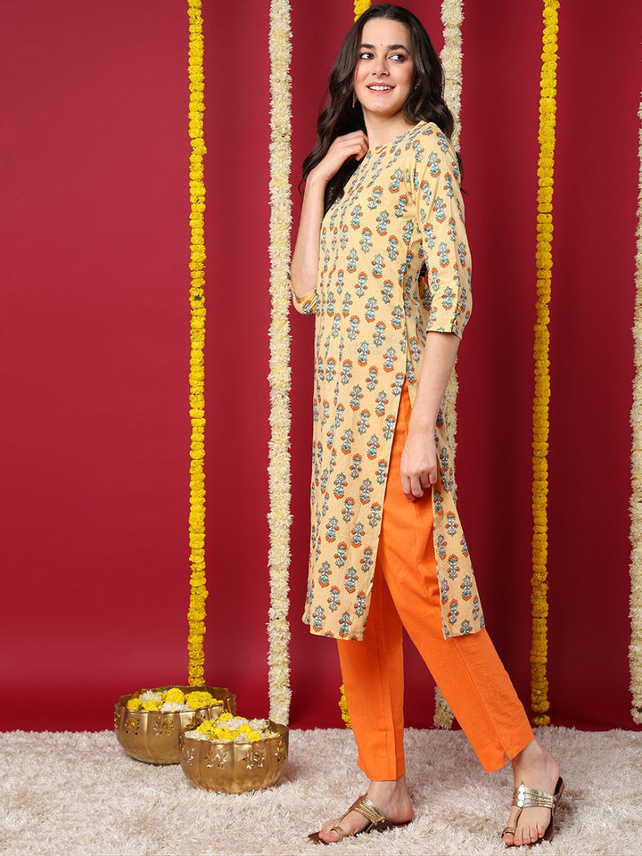 Beige Cotton Ethnic Motifs Printed Straight Kurta