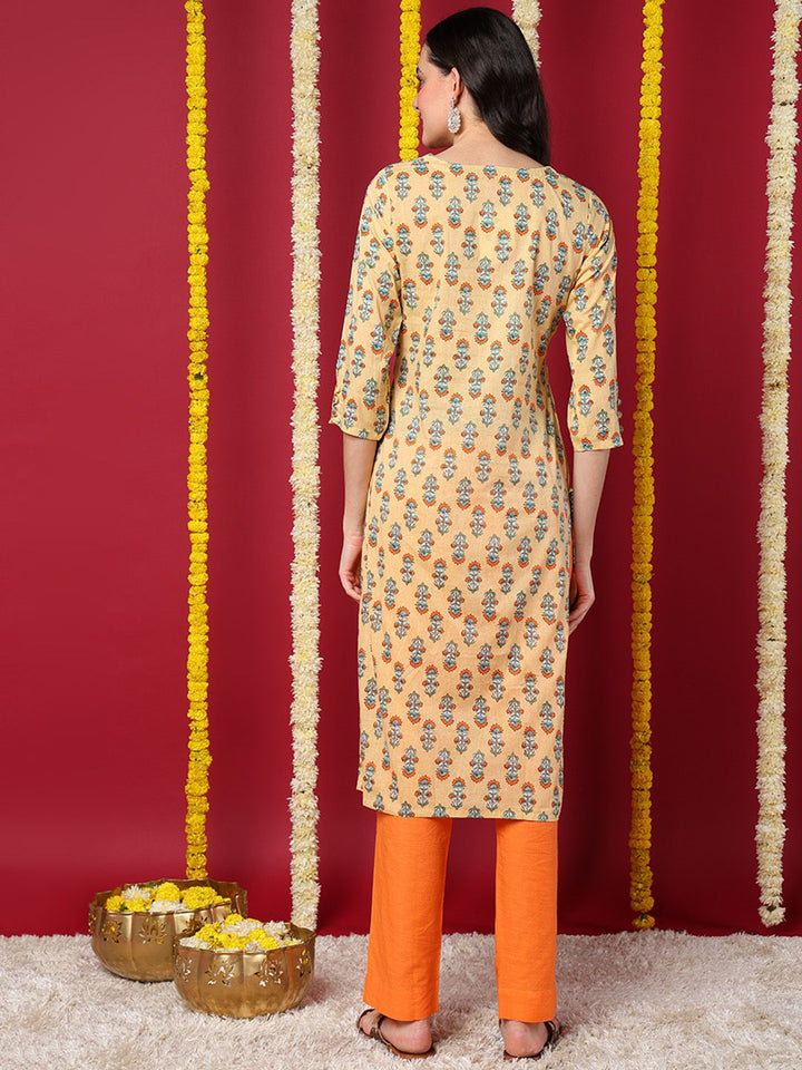 Beige Cotton Ethnic Motifs Printed Straight Kurta