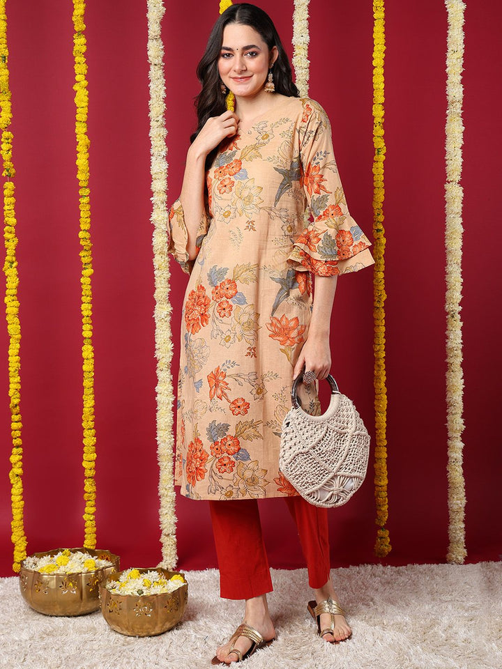 Beige Cotton Floral Printed Straight Kurta