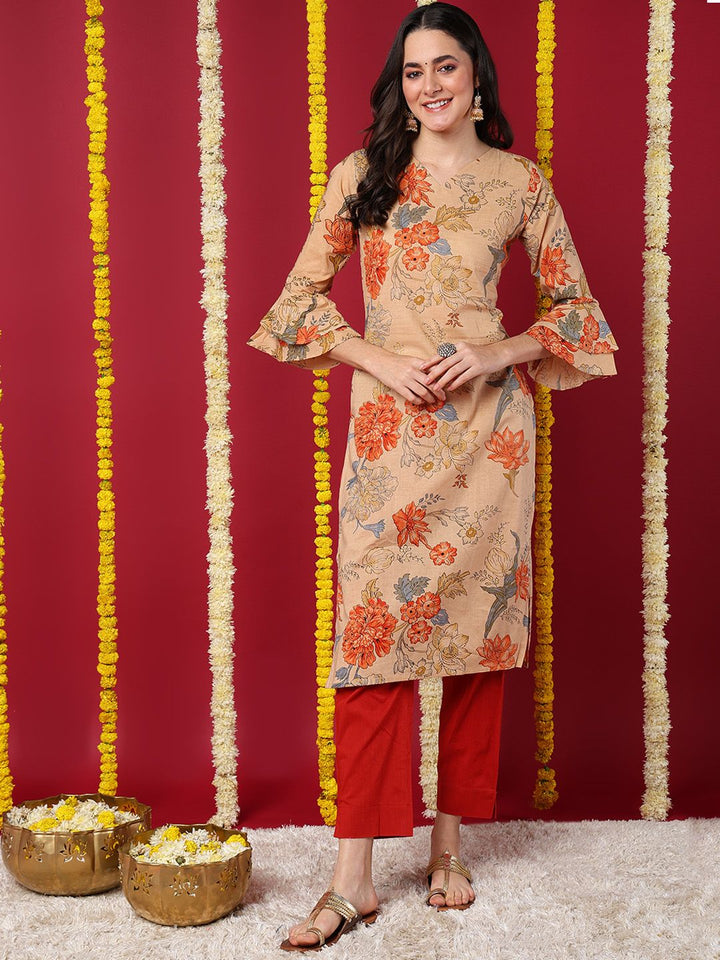 Beige Cotton Floral Printed Straight Kurta