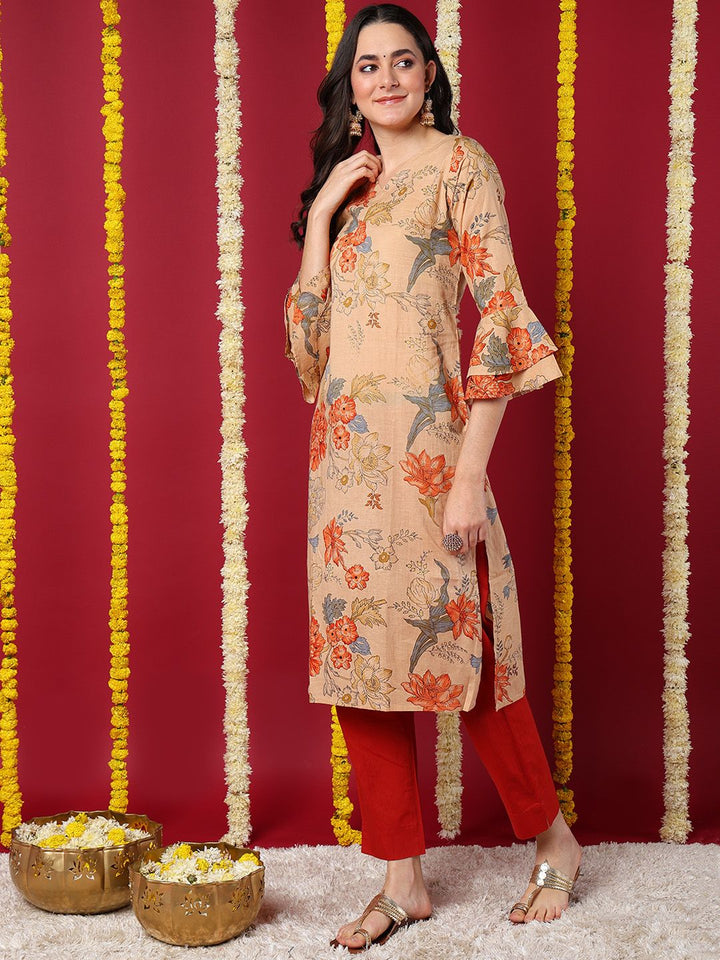 Beige Cotton Floral Printed Straight Kurta