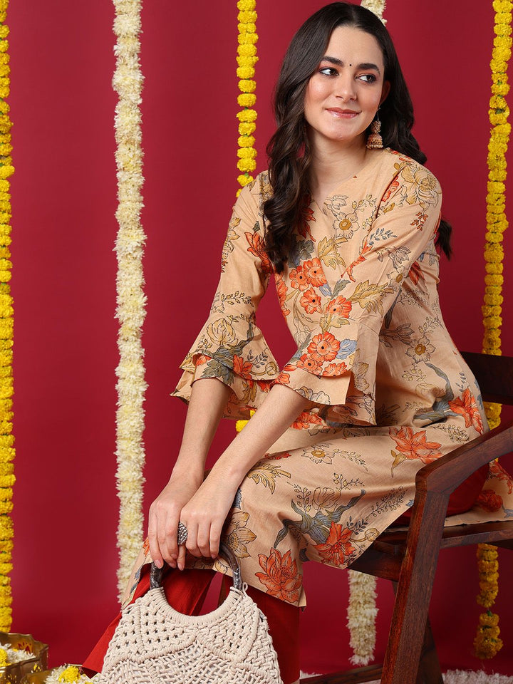 Beige Cotton Floral Printed Straight Kurta