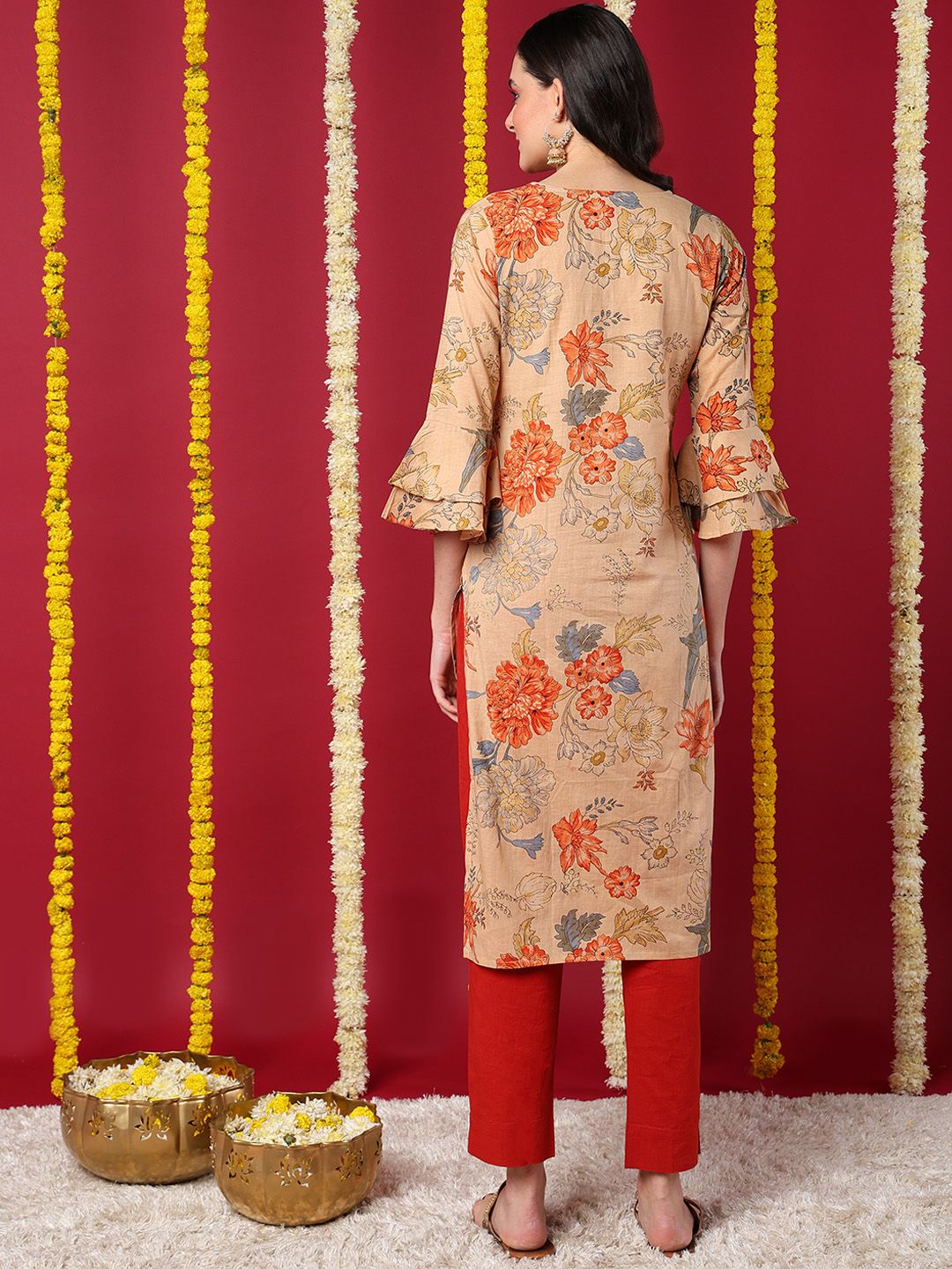 Beige Cotton Floral Printed Straight Kurta