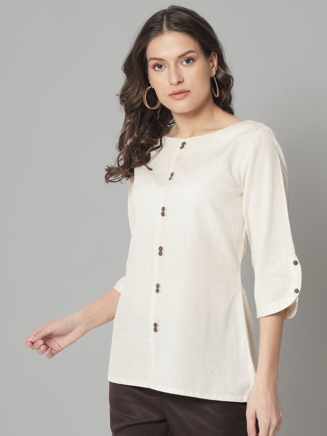 Beige Cotton Loops and Button Detailed Top