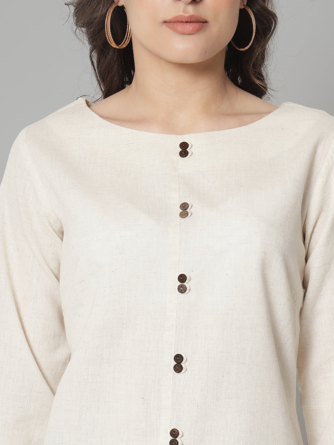 Beige Cotton Loops and Button Detailed Top
