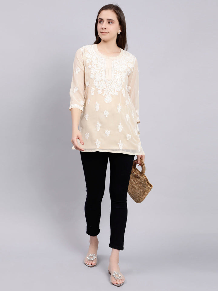 Beige Georgette Chikankari Tunic Top With Inner Slip