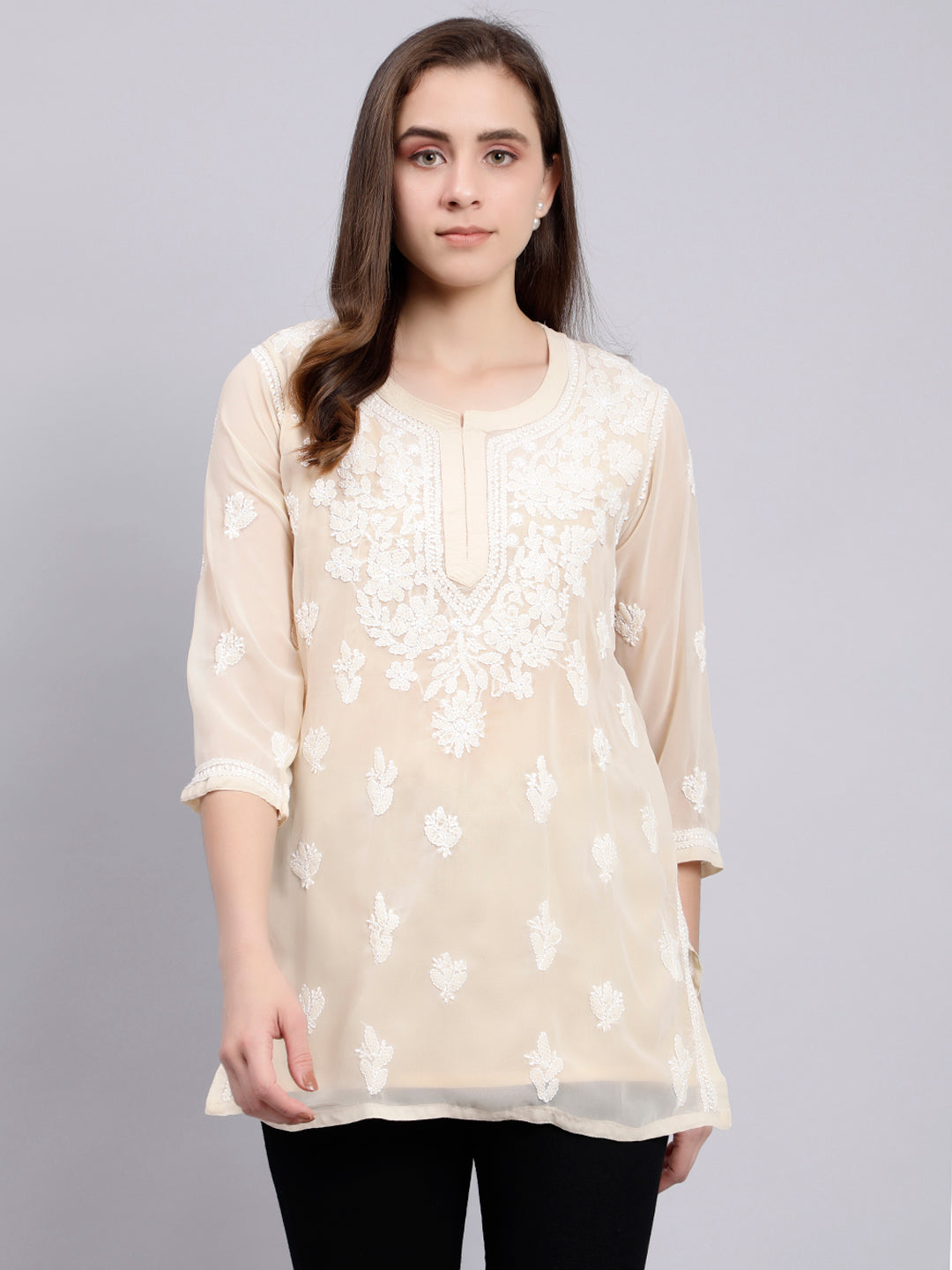 Beige Georgette Chikankari Tunic Top With Inner Slip