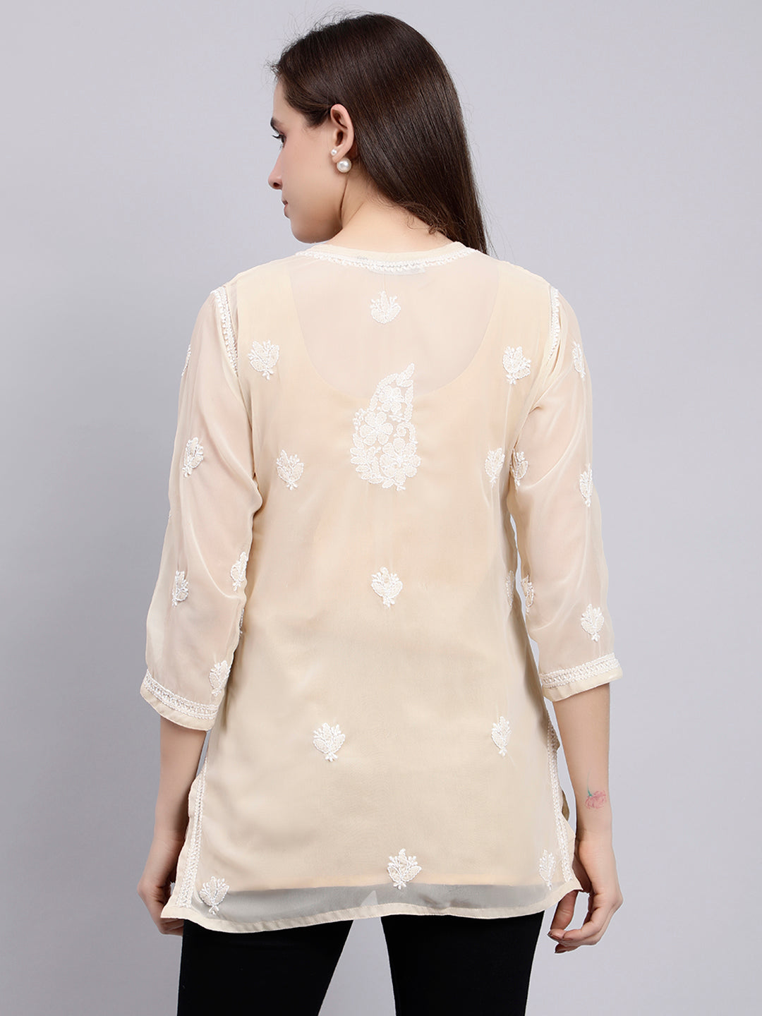 Beige Georgette Chikankari Tunic Top With Inner Slip