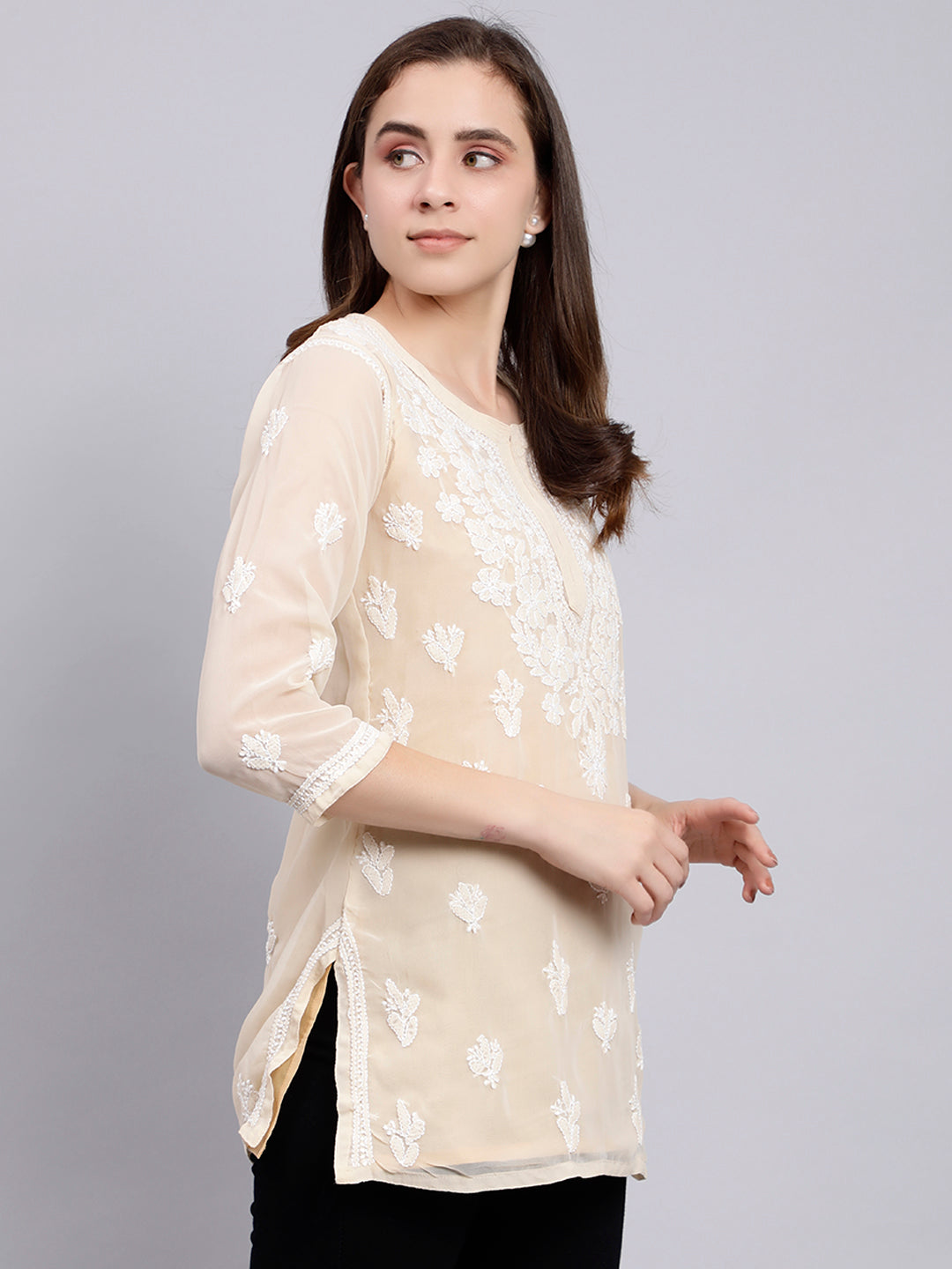 Beige Georgette Chikankari Tunic Top With Inner Slip