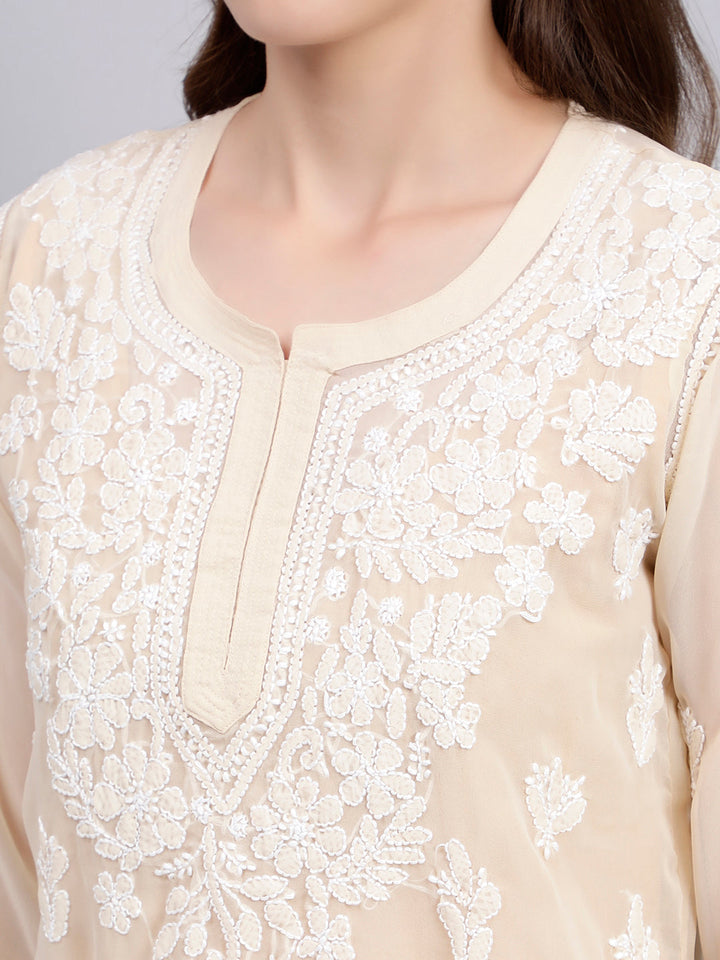 Beige Georgette Chikankari Tunic Top With Inner Slip