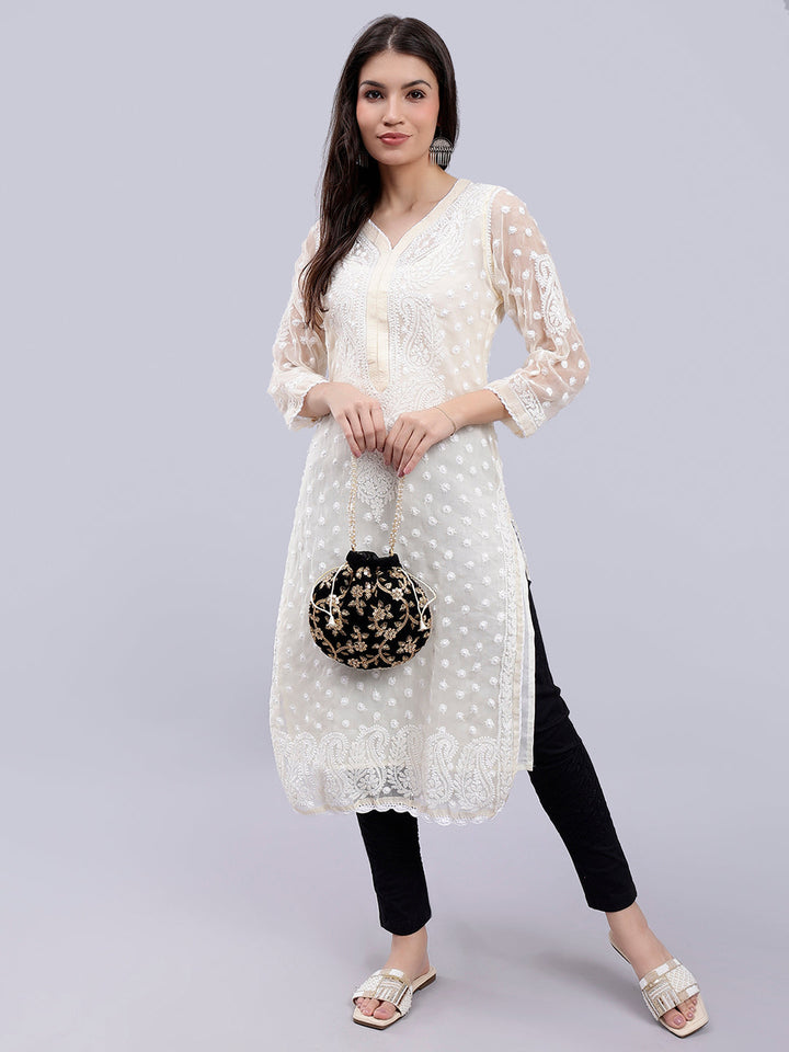 Beige Georgette Handwoven Chikankari Kurti with Slip