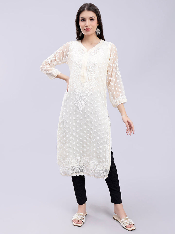 Beige Georgette Handwoven Chikankari Kurti with Slip