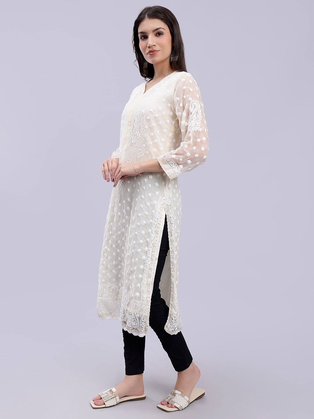 Beige Georgette Handwoven Chikankari Kurti with Slip