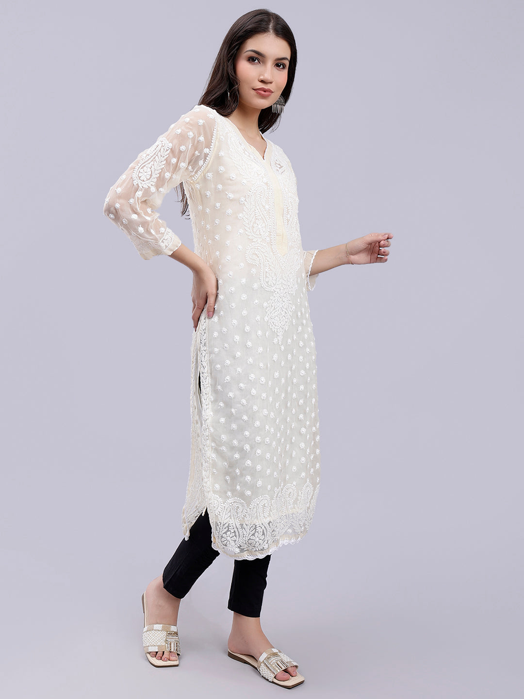 Beige Georgette Handwoven Chikankari Kurti with Slip