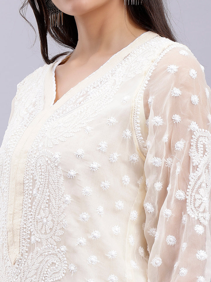 Beige Georgette Handwoven Chikankari Kurti with Slip