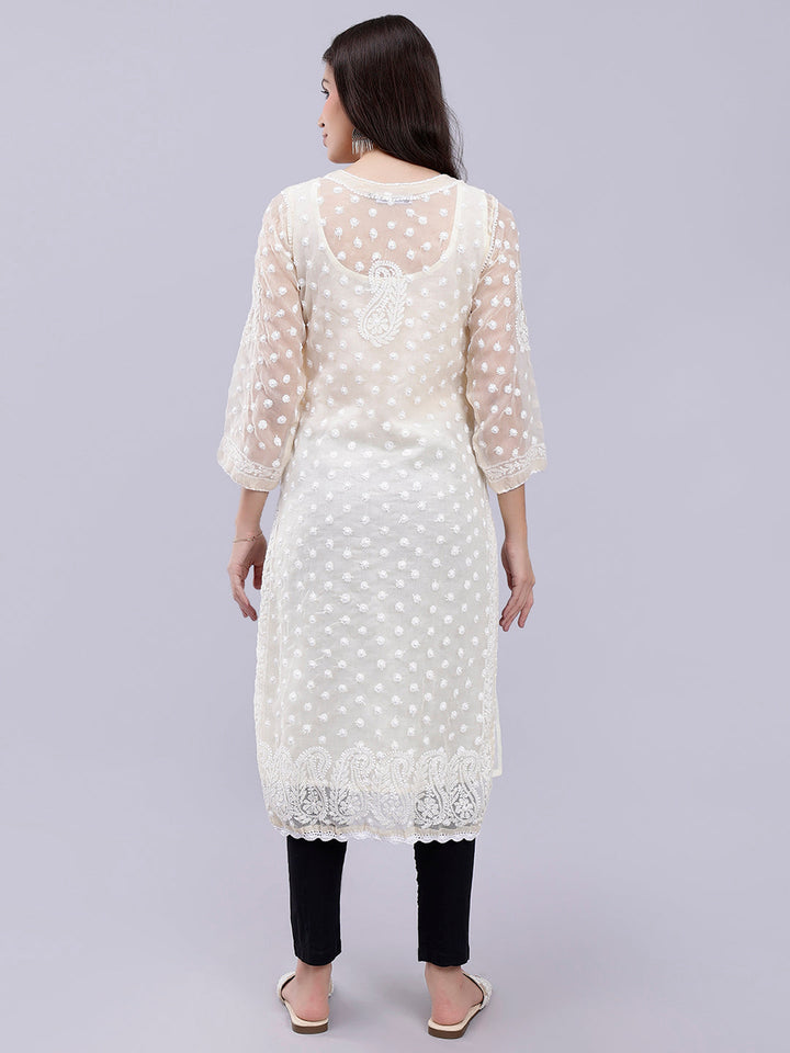 Beige Georgette Handwoven Chikankari Kurti with Slip