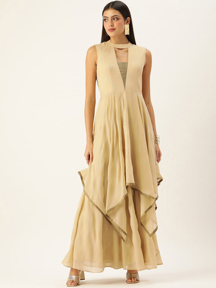 Beige Plain Georgette Floor-Length Dress
