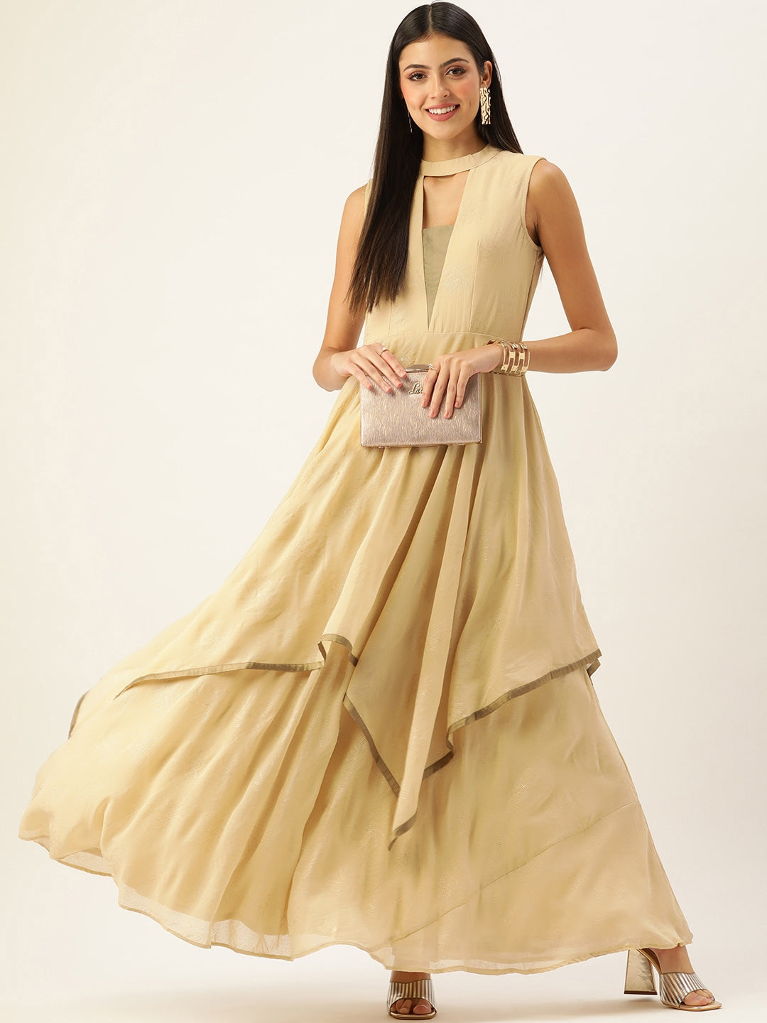 Beige Plain Georgette Floor-Length Dress