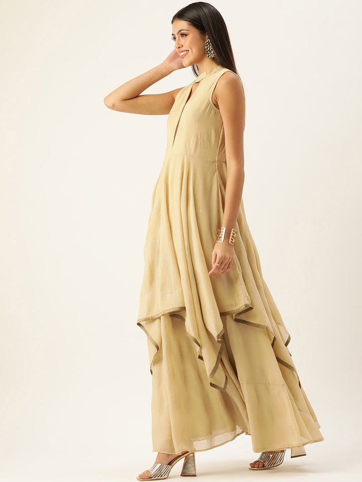 Beige Plain Georgette Floor-Length Dress