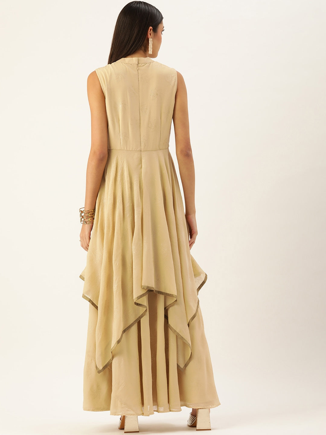 Beige Plain Georgette Floor-Length Dress