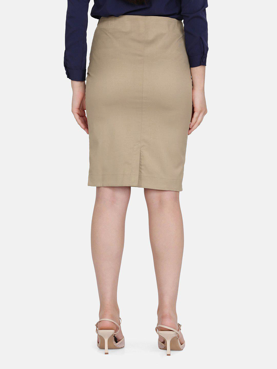 Beige Polycotton Straight Skirt