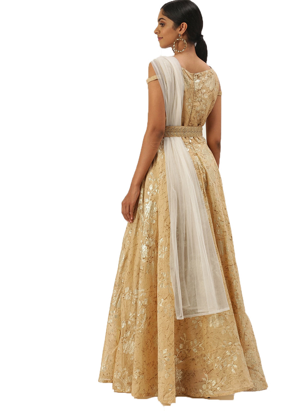 Beige-Printed-Boat-Neck-Floor-Length-Gown