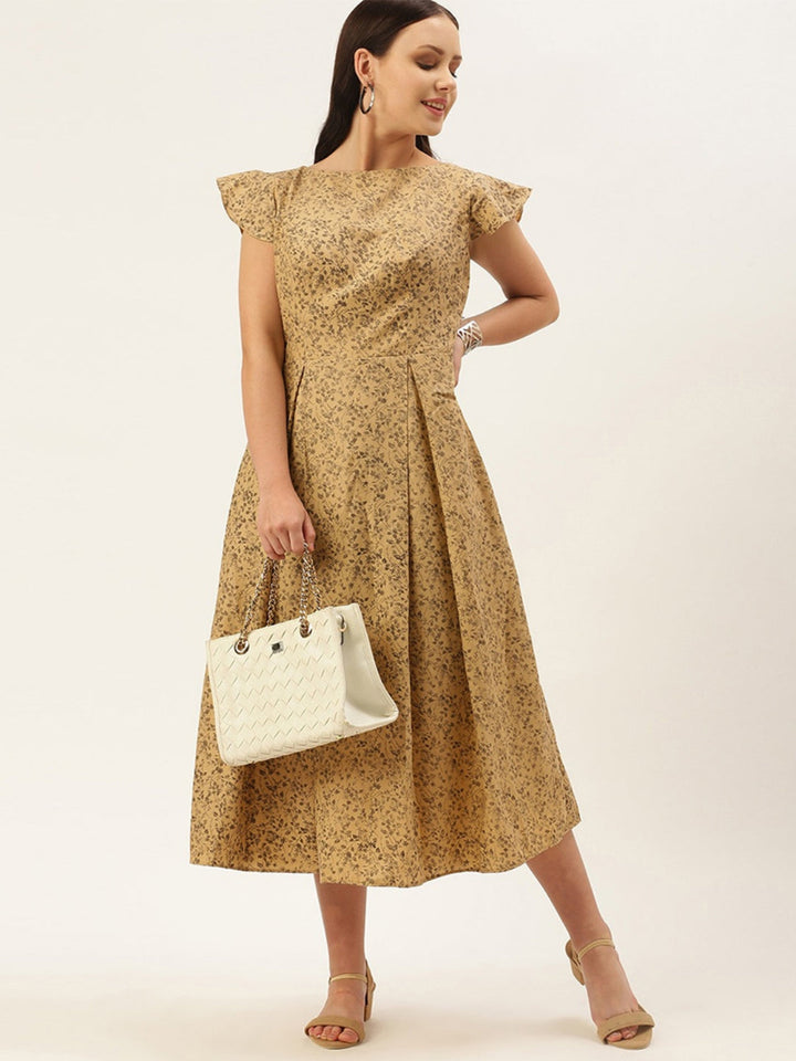 Beige-Printed-Rayon-Calf-Length-Dress