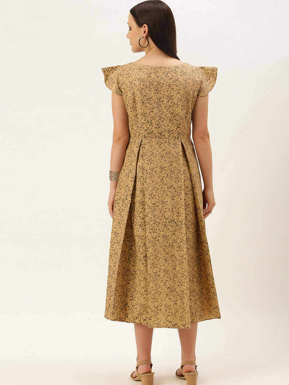 Beige-Printed-Rayon-Calf-Length-Dress