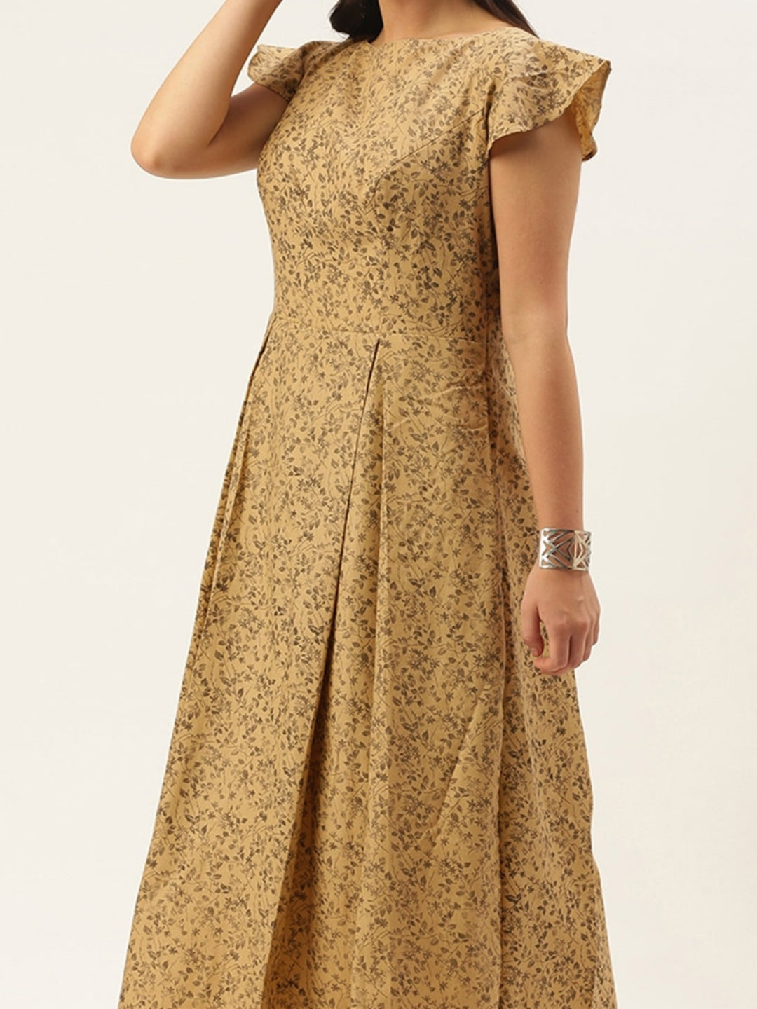 Beige-Printed-Rayon-Calf-Length-Dress