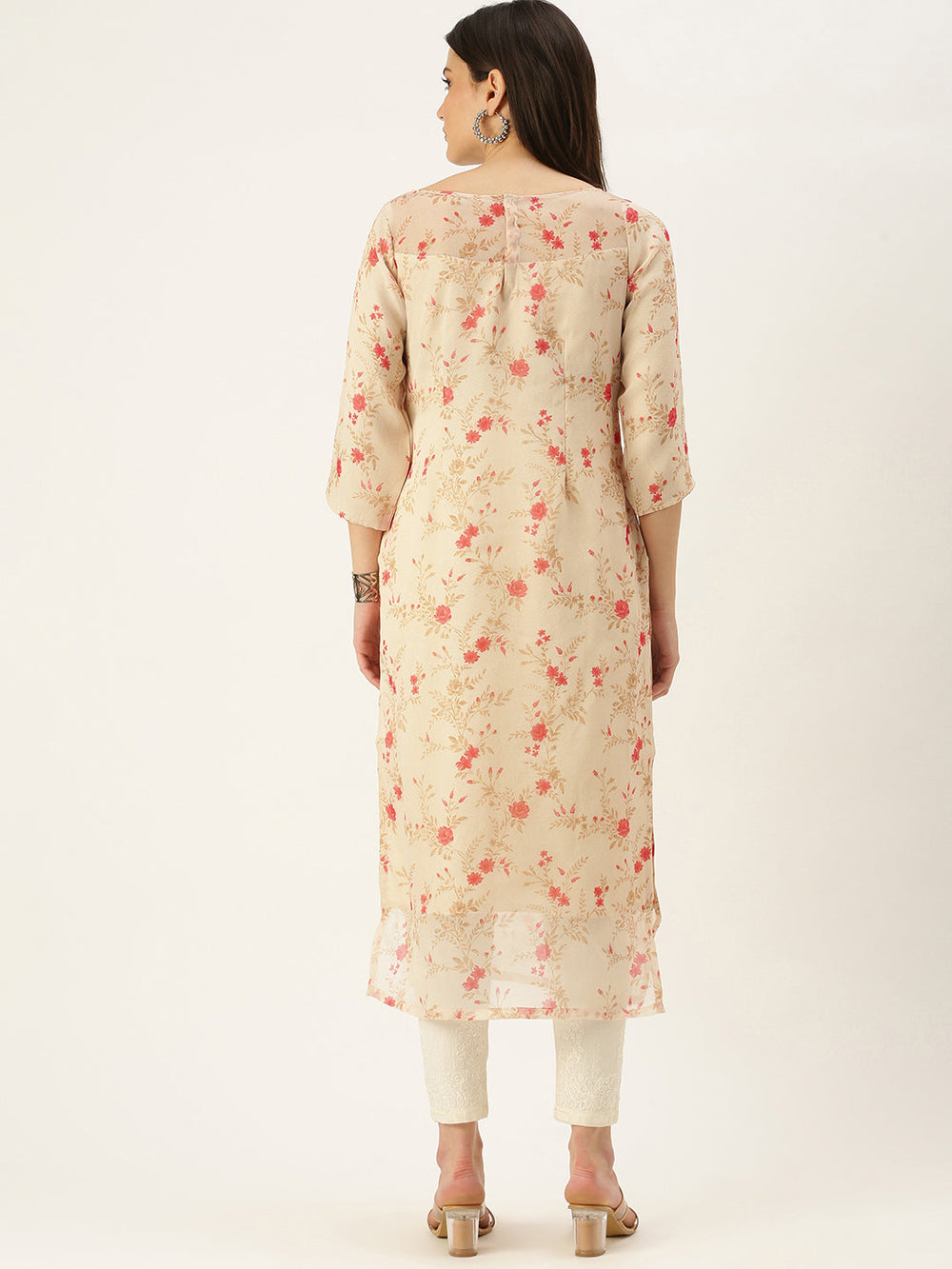 Beige-Sheer-Neck-Organza-Kurti