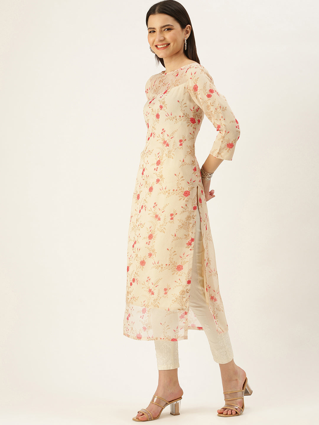 Beige-Sheer-Neck-Organza-Kurti