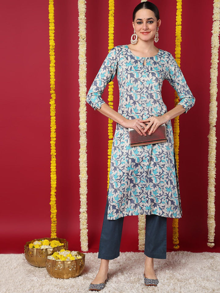 Beige Silk Blend Ethnic Motifs Printed Straight Kurta