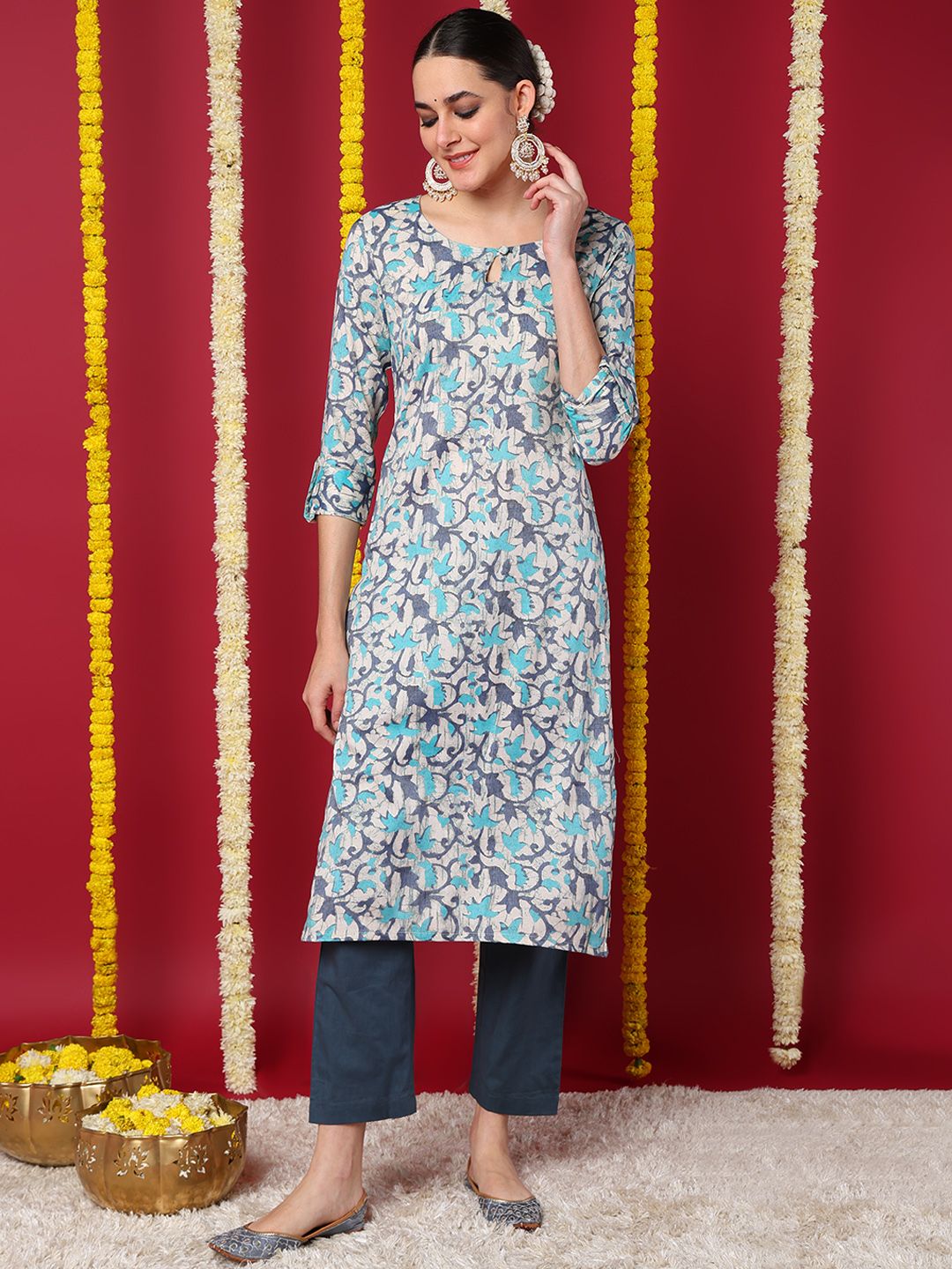 Beige Silk Blend Ethnic Motifs Printed Straight Kurta