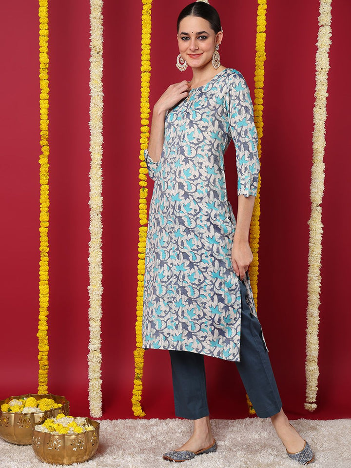 Beige Silk Blend Ethnic Motifs Printed Straight Kurta