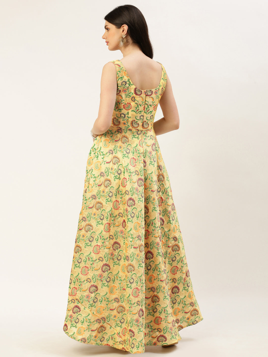 Beige Silk Digital Print Jacquard Maxi Dress