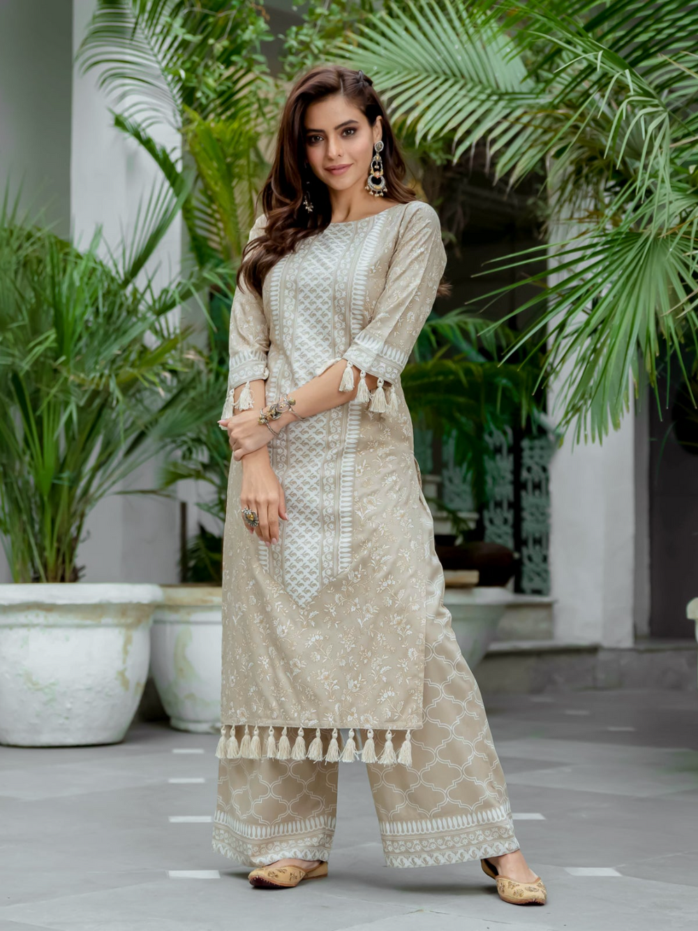 Beige Tassel Detailed Kurta Palazzo Set