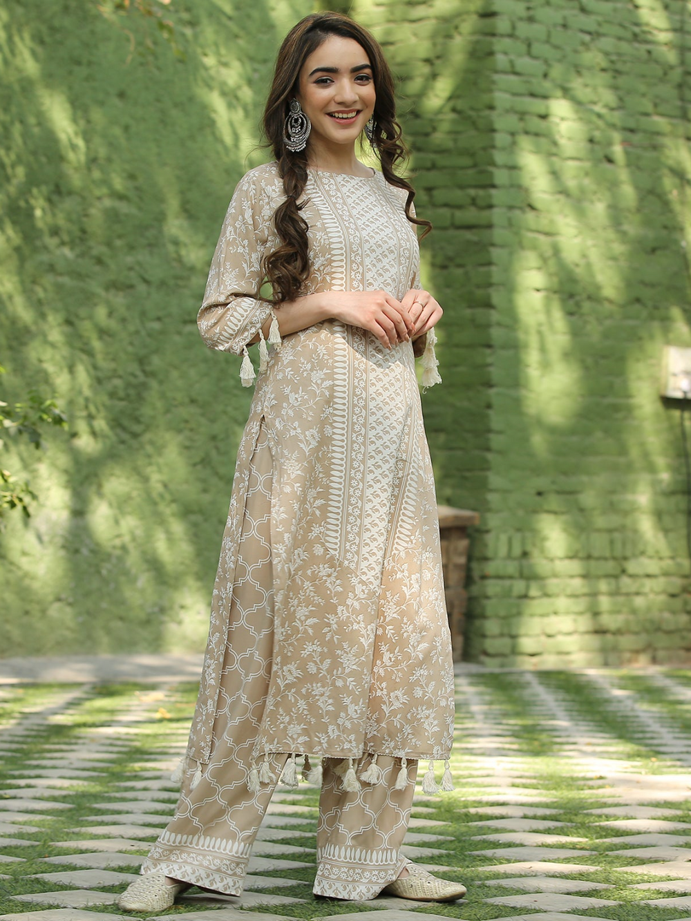 Beige Tassel Detailed Kurta Palazzo Set